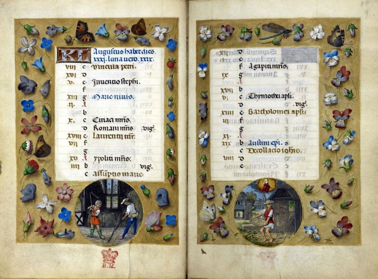 Simon Marmion y taller. Agosto, Horas Huth, f.8v-f.9r. c.1480, British Library