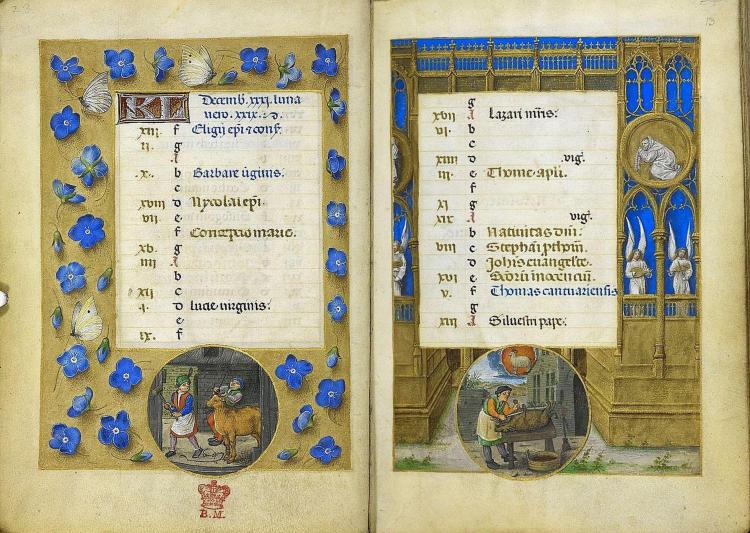 Simon Marmion y taller. Diciembre, Horas Huth, f.12v-f.13r. c.1480, British Library