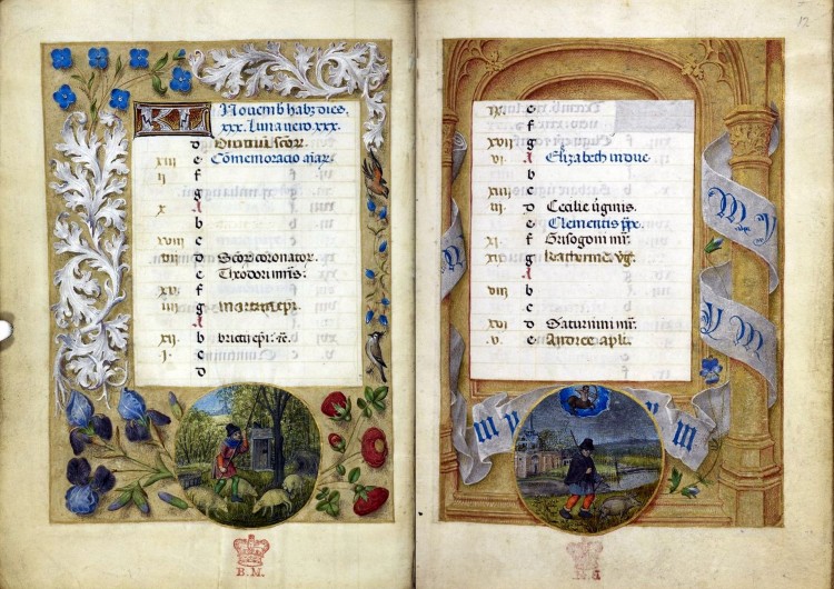 Simon Marmion y taller. Noviembre, Horas Huth, f.11v-f.12r. c.1480, British Library