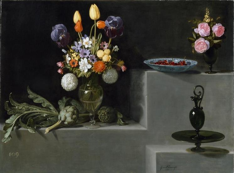 Juan van der Hamen Bodegón con alcachofas, flores y recipientes de vidrio 1627. Óleo sobre lienzo, 81 x 110 cm Museo del Prado Sala 008A